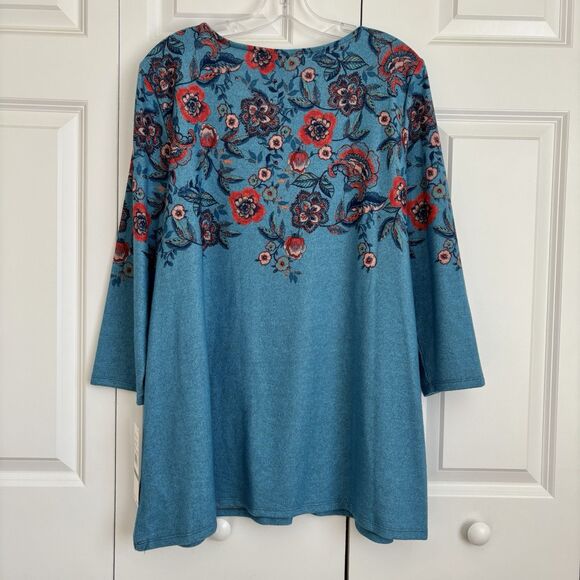 RUBY RD. WOMEN'S TOPS L/1X PULLOVER BLUE FLORAL KNIT 3/4 SLEEVES KEYHOLE NECK - Picture 4 of 7